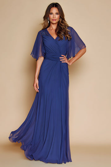 Bleu foncé Une ligne fluide col en V Maxi Robe mère de la mariée avec manches